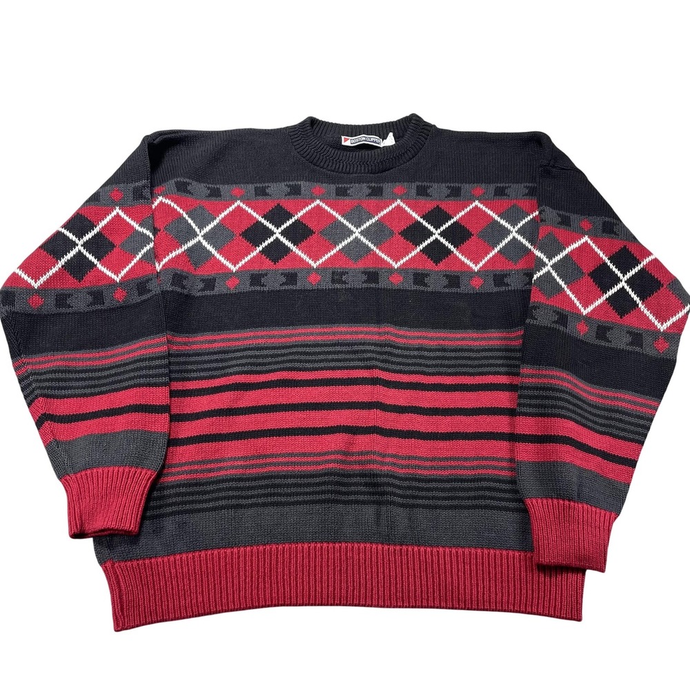 VTG Boston Clipper Sweater Mens Large Black Argyle Cotton Knit Crewneck Pullover